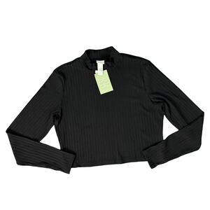 H&M Black Cropped Wide Ribbed Mock Neck Long Sleeve Top Shirt Size L NEW Tags